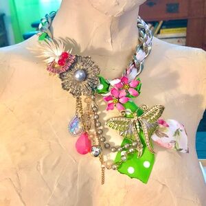 OOAK Asymmetrical Artisan Statement Necklace*Gilded Swallowtail*Upcycled Jewelry